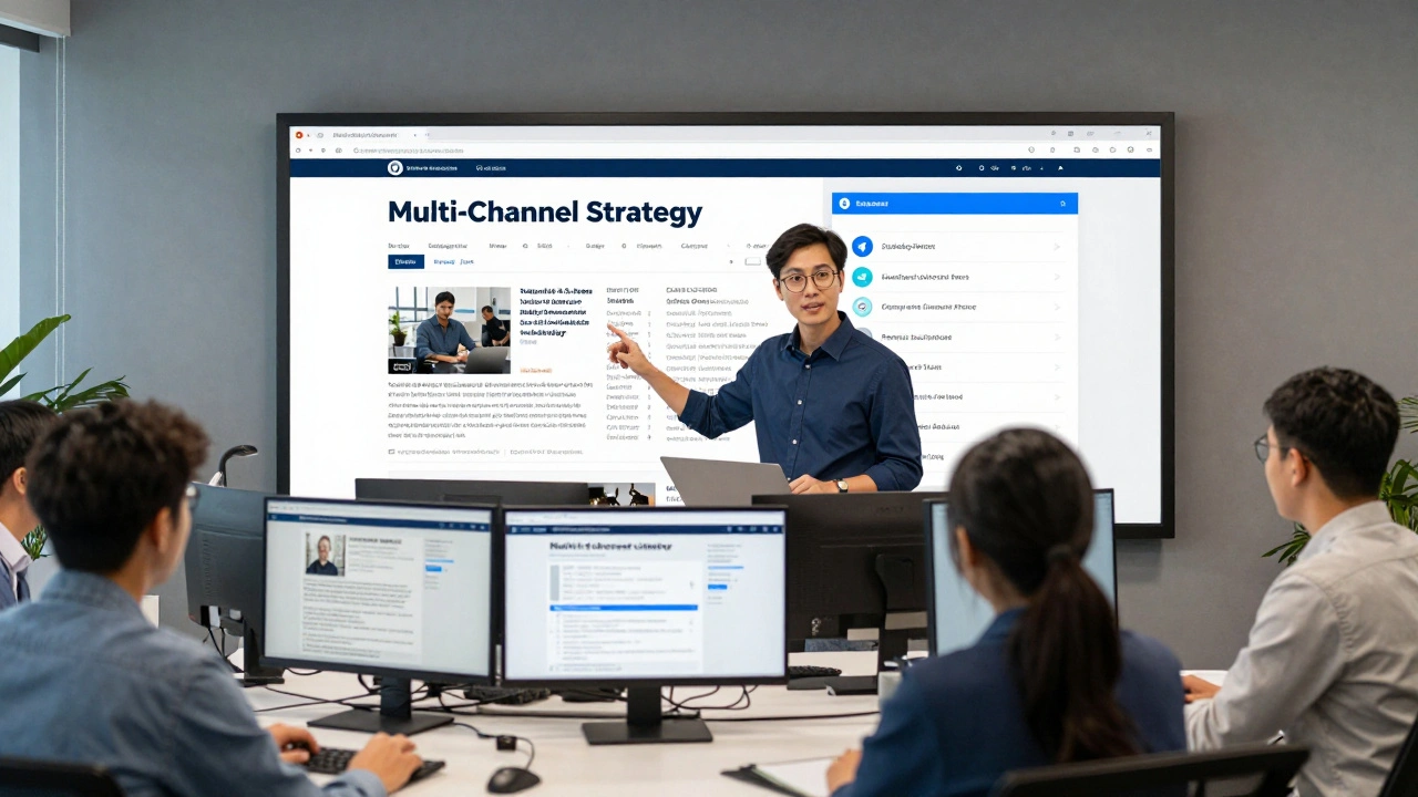 Newsroom editor managing a multi-channel distribution strategy on a high-contrast screen.