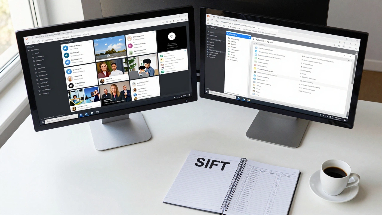 Overhead view of a journalist's desk with multiple monitors showing Telegram channels and research tabs.