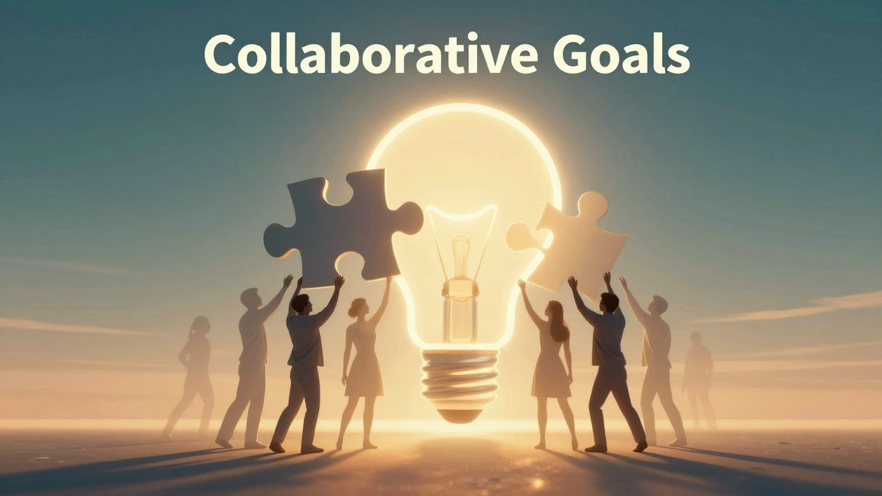 People collaborating to assemble a giant glowing lightbulb puzzle piece.