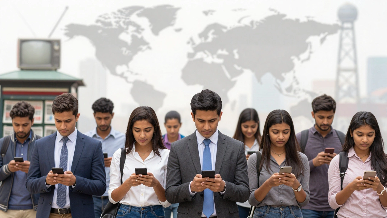 People from different global cities using smartphones as traditional news media fades in the background.