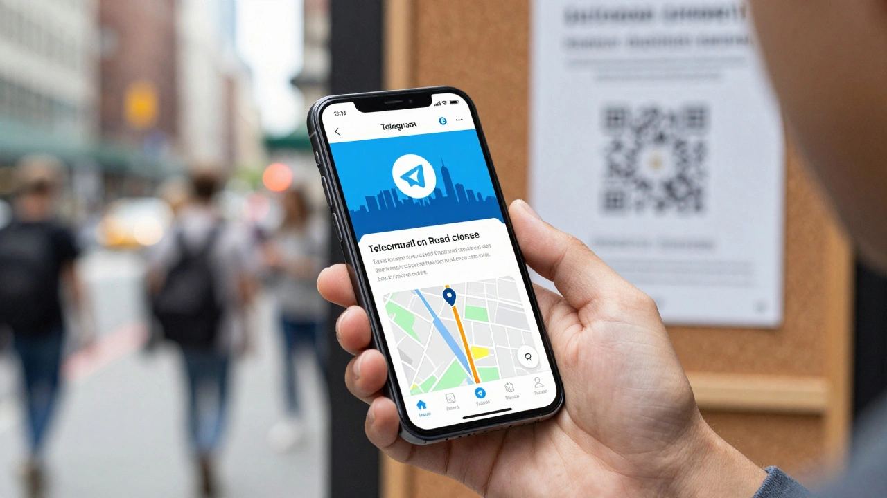 Person holding a smartphone showing a local news channel with a city background.