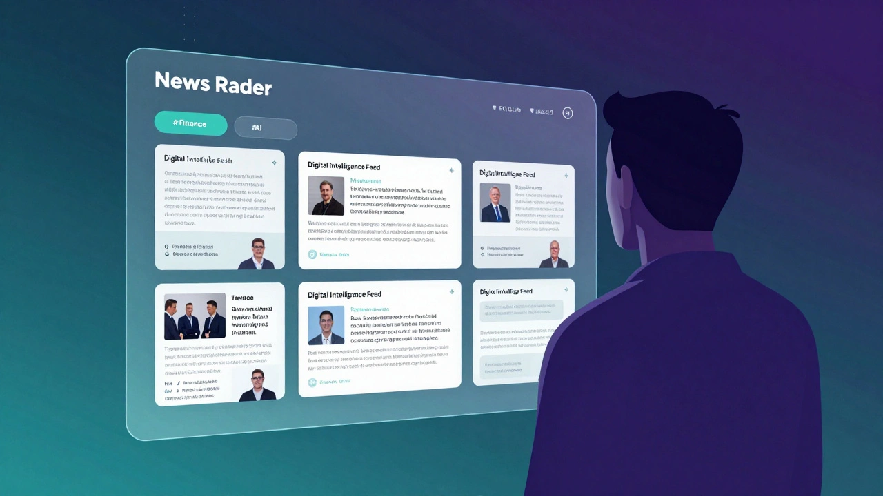 Person interacting with a holographic curated news feed with AI category tags.