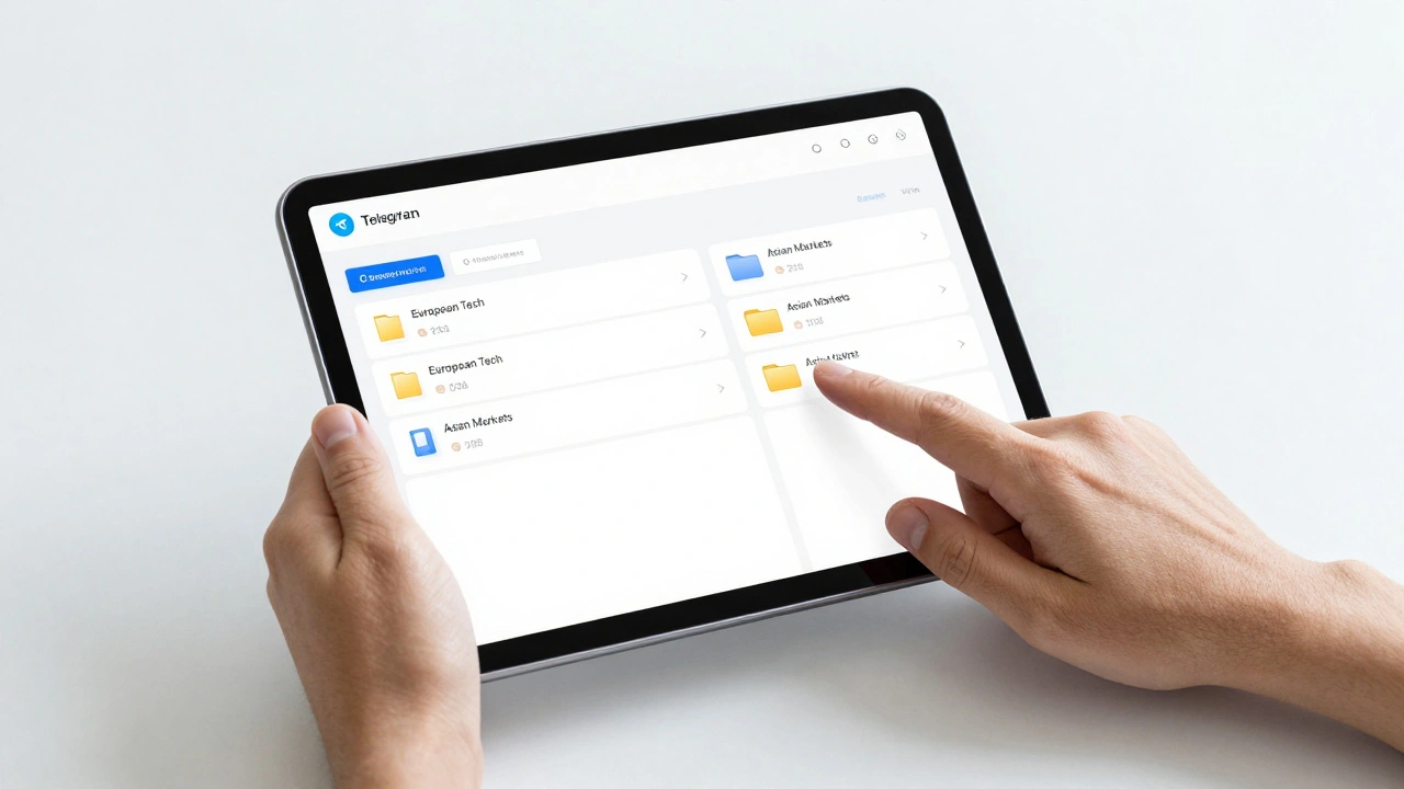 Person using a tablet to manage organized news feed categories in a professional dashboard.
