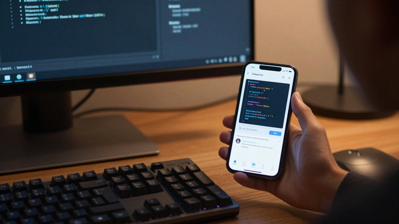 Phone screen displaying monospace code snippets in a Telegram chat on a developer's desk.