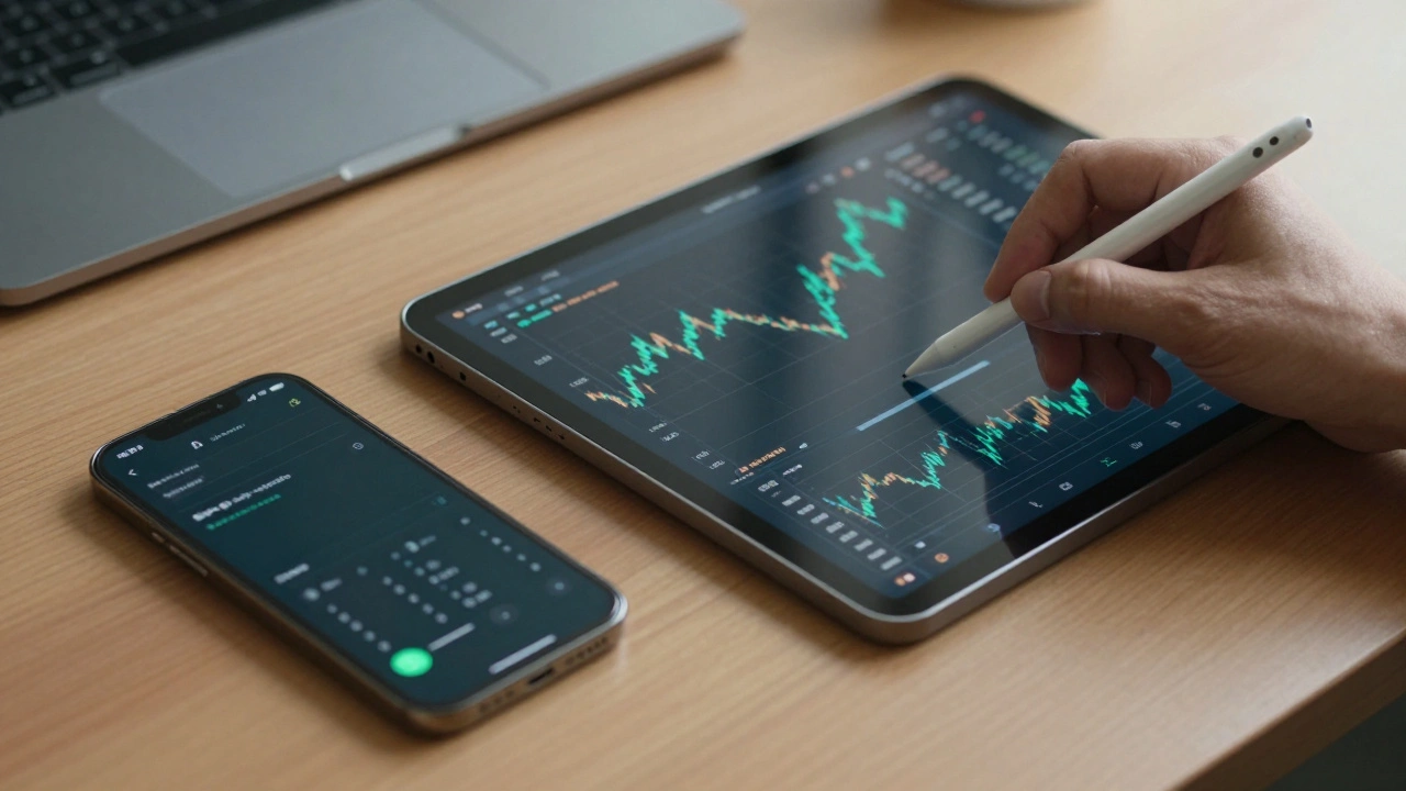 Professional workspace with a smartphone and tablet showing real-time financial data analysis.
