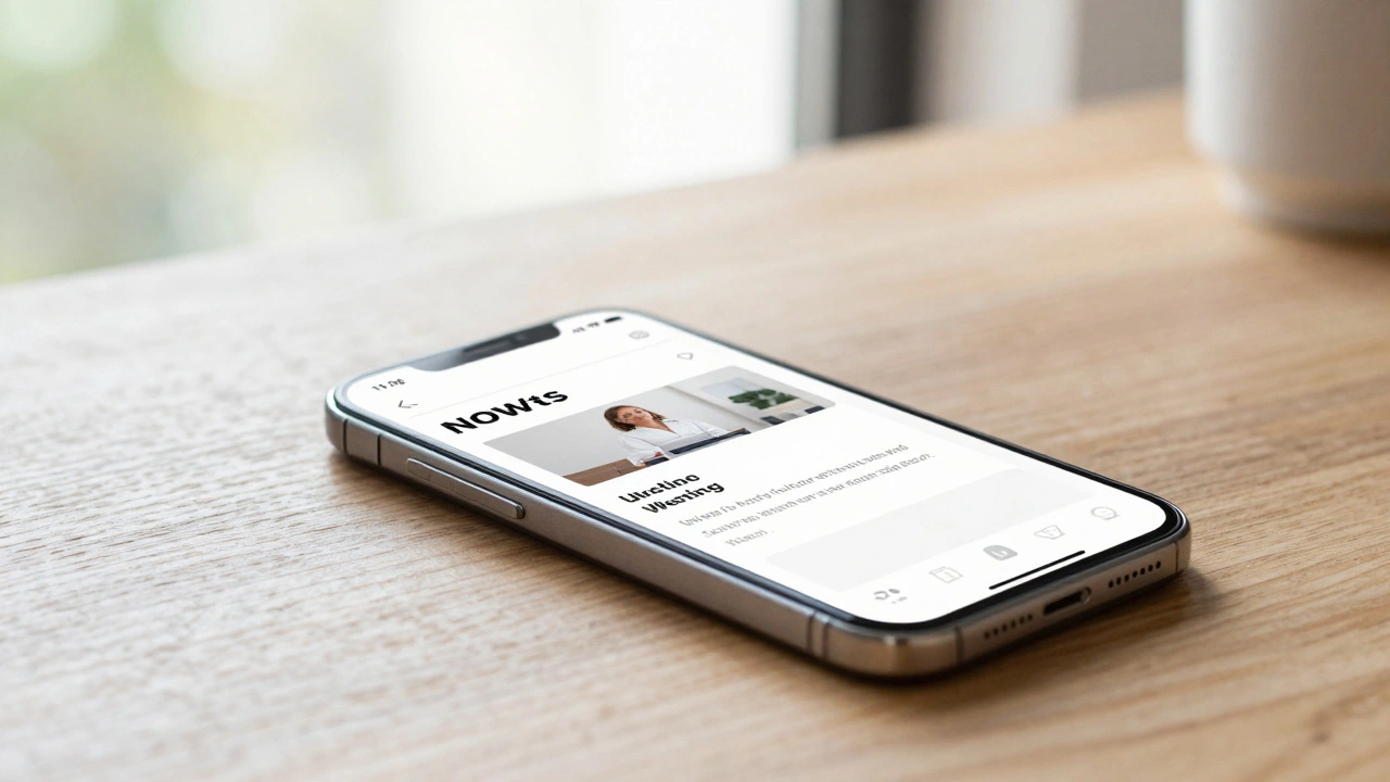 Smartphone displaying a professional news channel interface on a desk in morning light