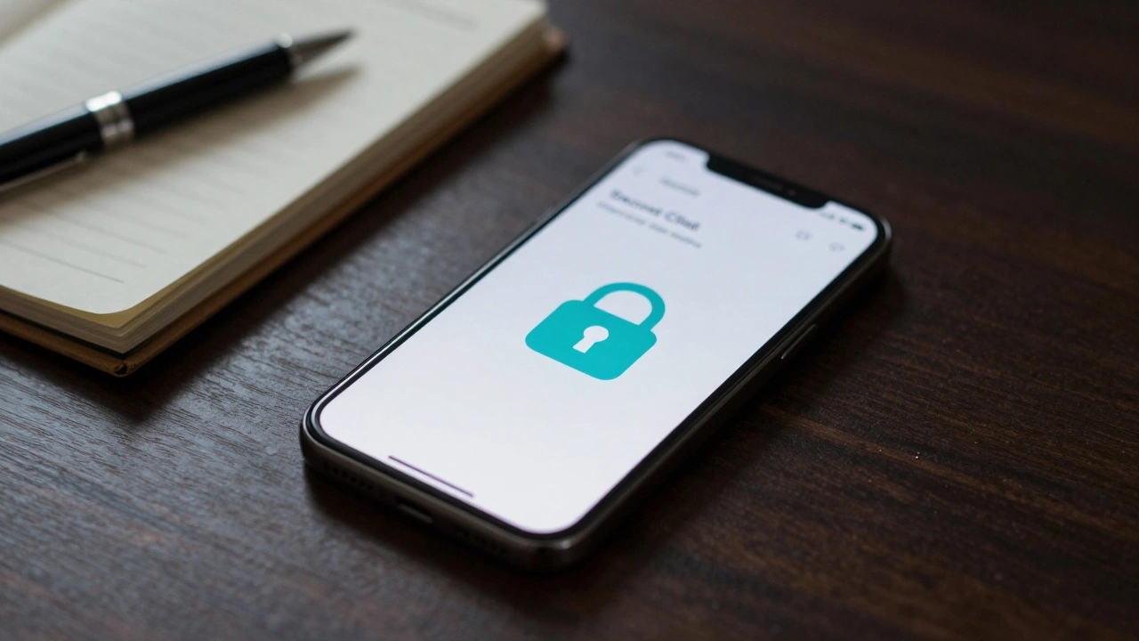 Smartphone on a desk showing a chat with a security lock icon
