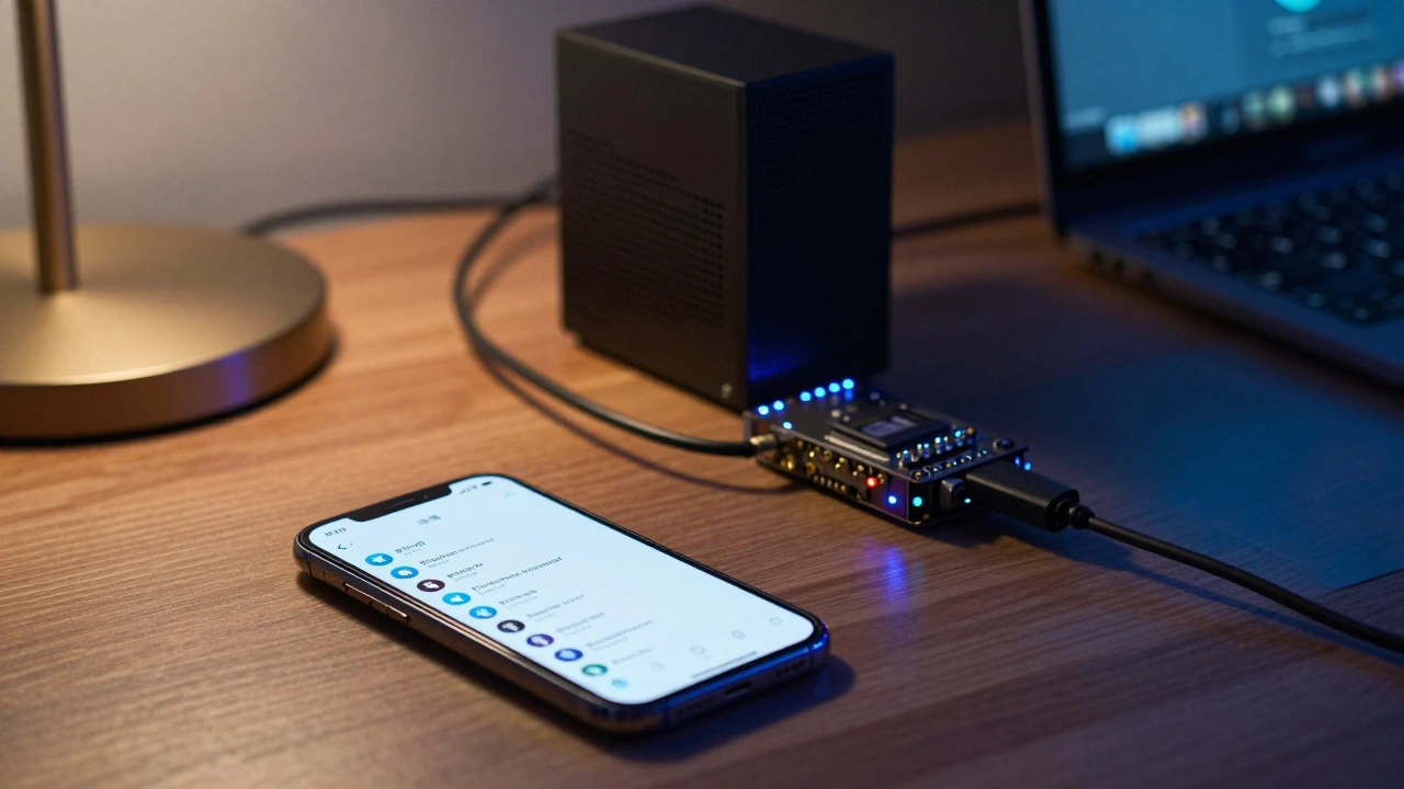 Smartphone showing a Telegram news bot and a Raspberry Pi server on a desk at night