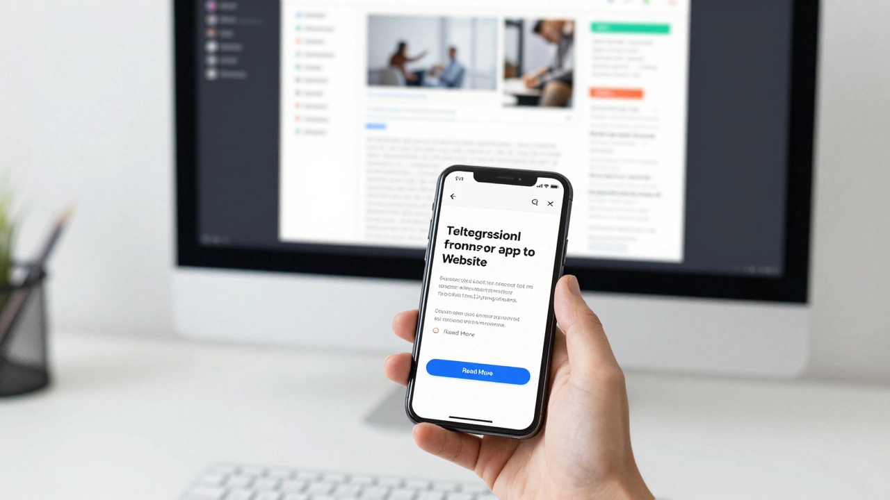 Smartphone showing a Telegram post with a website open on a monitor in the background