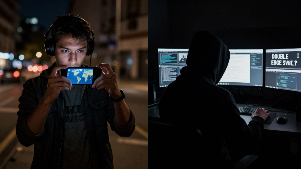 Split image of a citizen journalist and a shadowy figure spreading disinformation