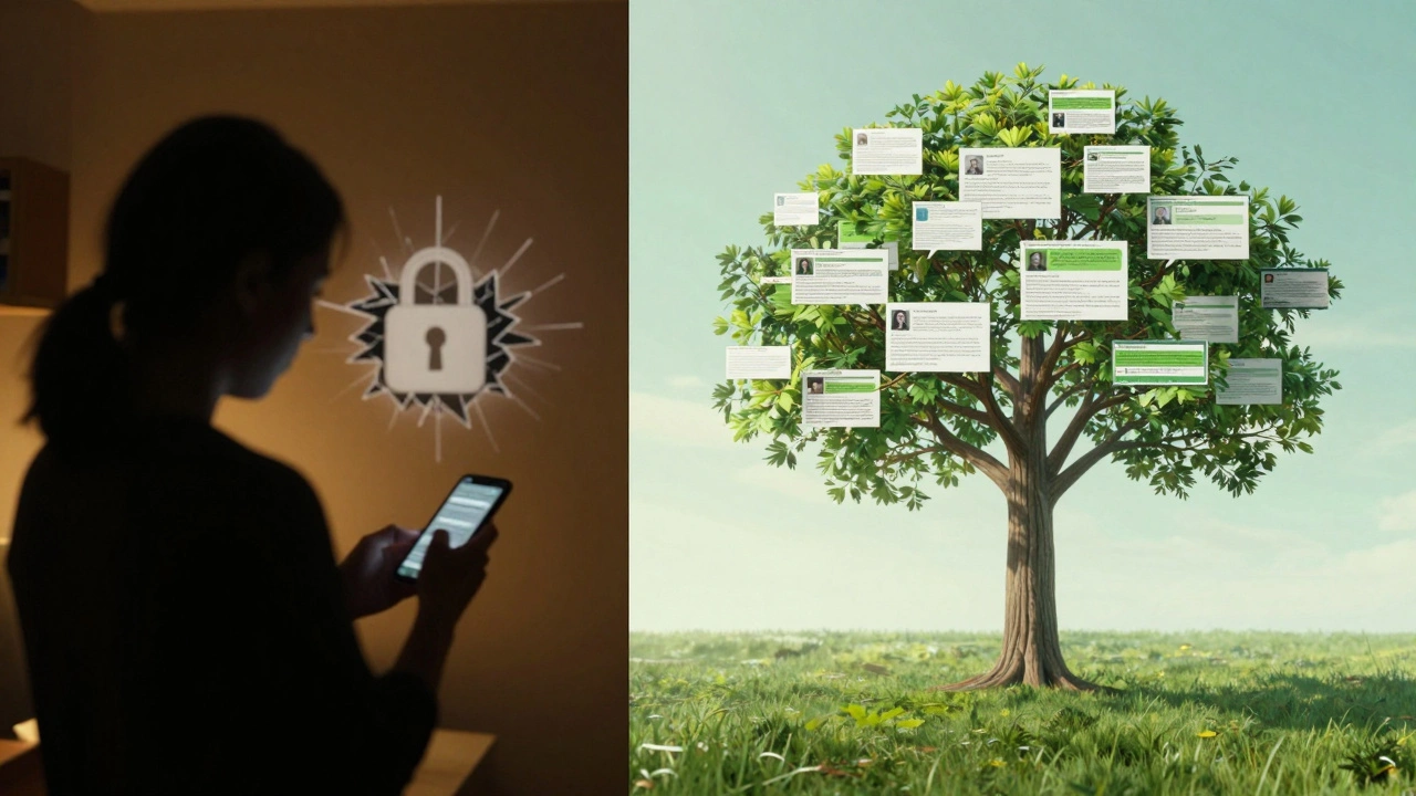 Split image showing a broken digital lock and a branching network of information.