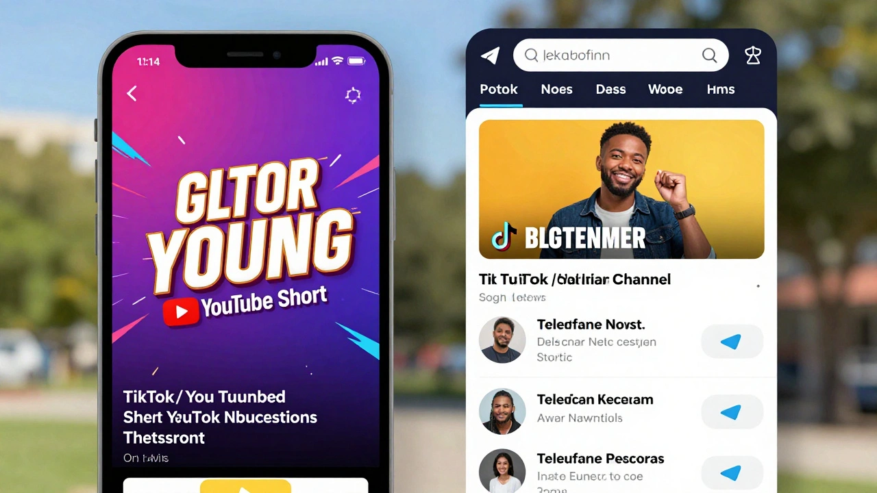 Split-screen showing a short-form video funneling a user into a Telegram news channel.