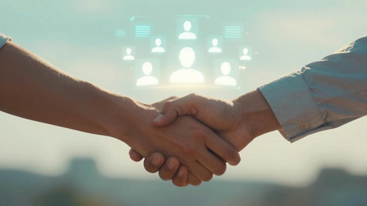 Two hands meeting over a holographic interface symbolizing trust in a digital community.