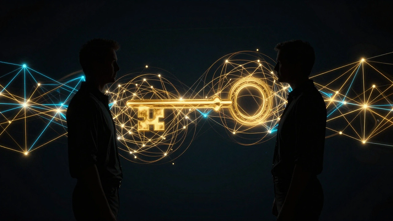 Two silhouettes connected by golden geometric lines forming a key