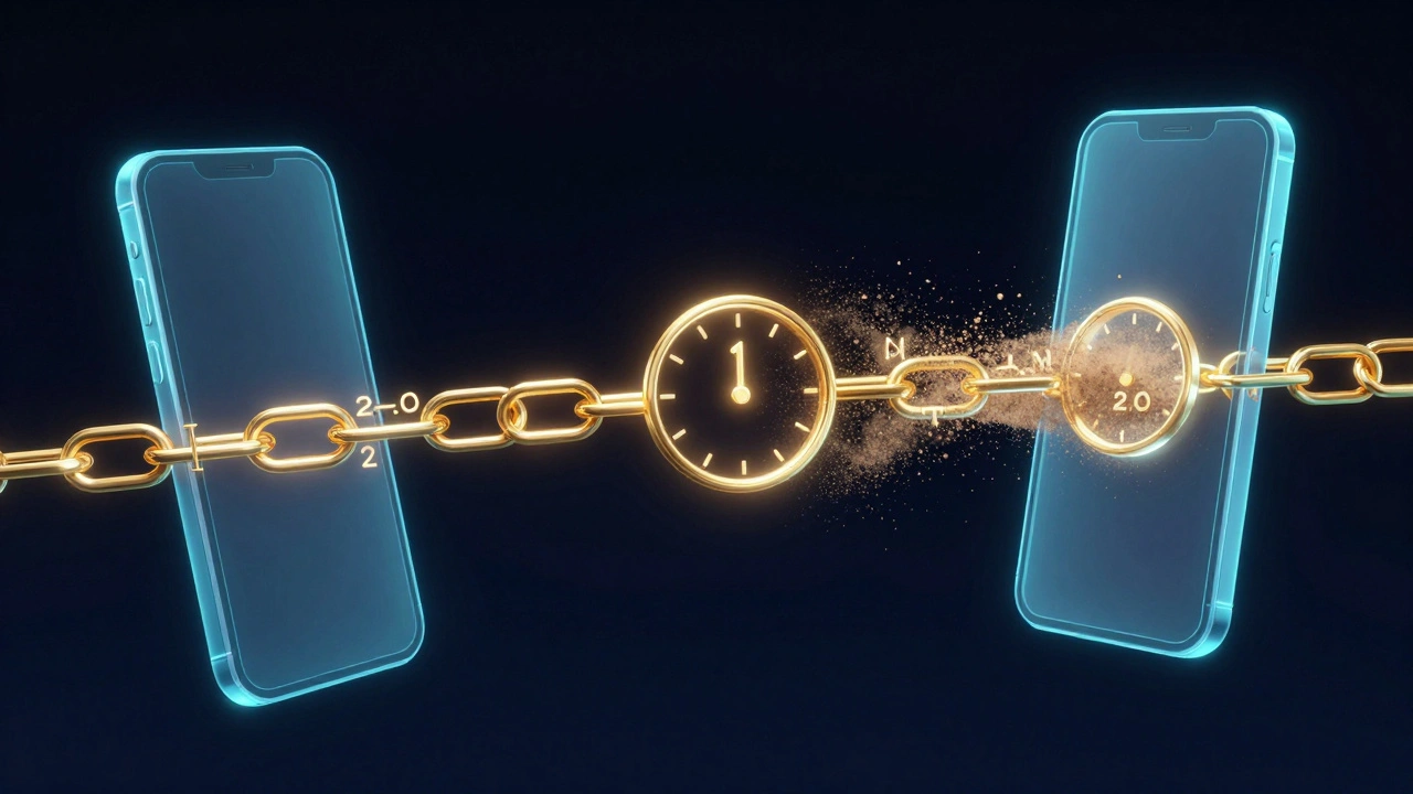 Two smartphones connected by a golden light chain with a disappearing clock icon.
