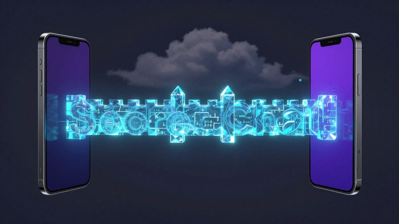 Two smartphones connected by a secure crystalline bridge of light symbolizing end-to-end encryption.