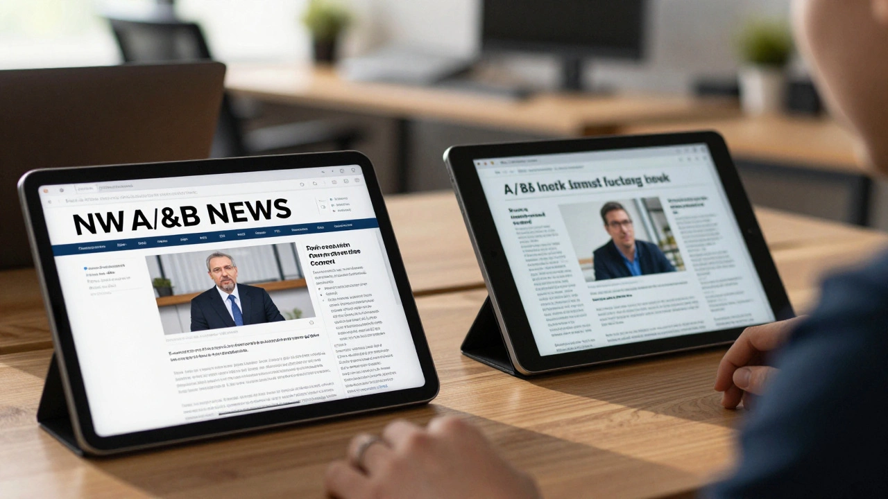 Two tablets comparing different editorial styles for A/B testing news posts.