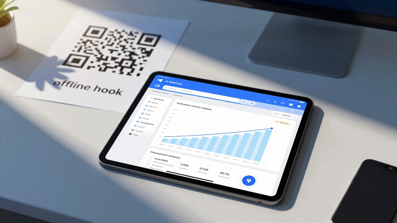 Workspace with a tablet displaying Telegram growth analytics and a QR code flyer.