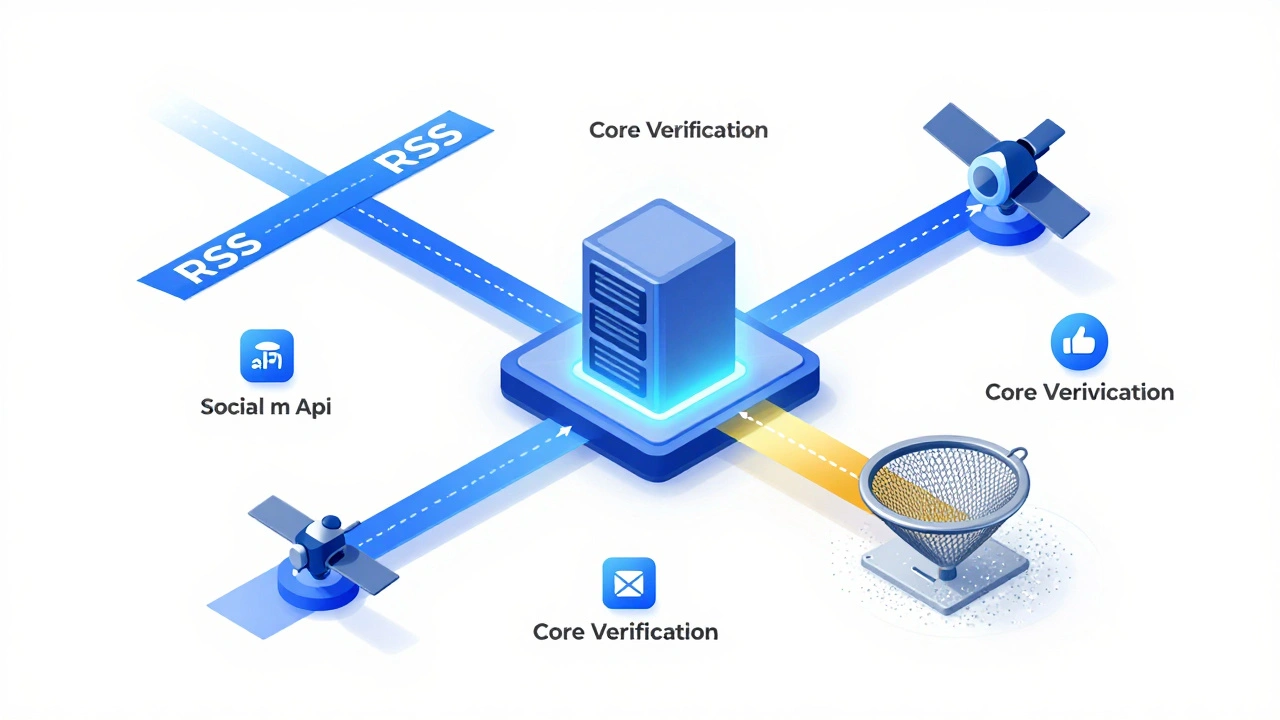 3D diagram of data streams converging into a verification filter system