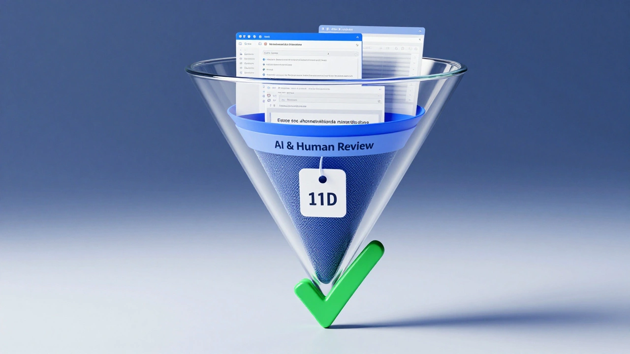 3D graphic illustrating how detailed evidence like screenshots and links filters through the reporting system.