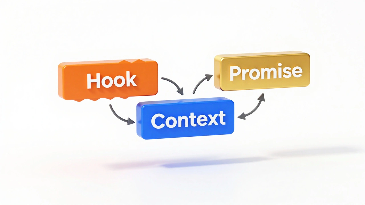 3D graphic showing Hook, Context, and Promise blocks forming a headline structure formula.