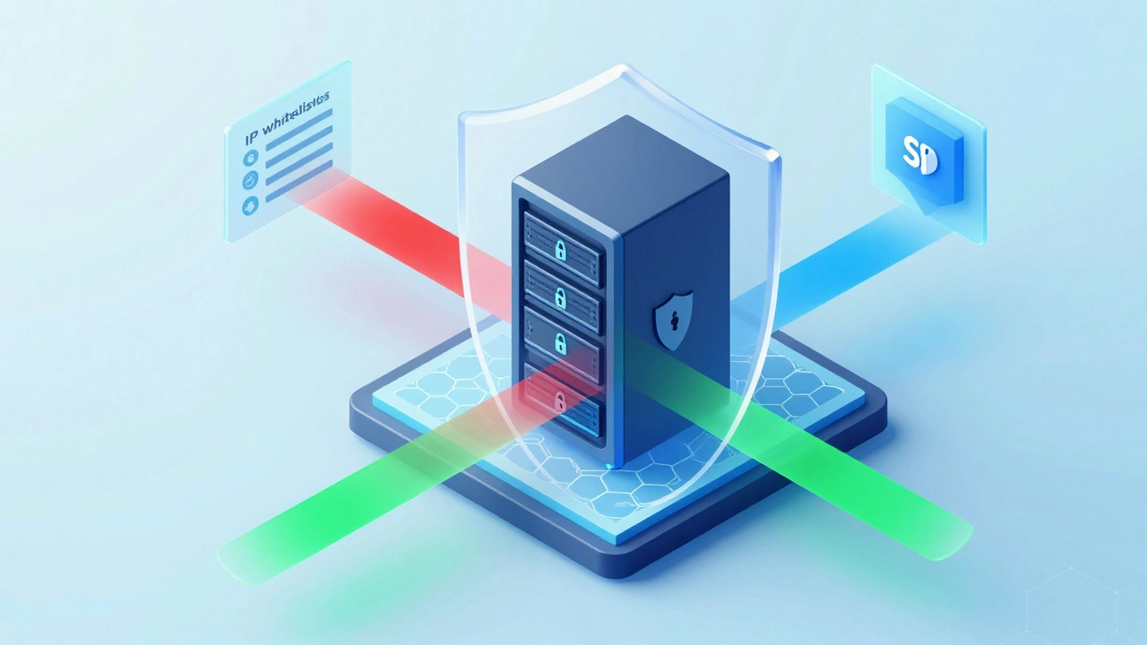 3D illustration of a server protected by firewall shields blocking malicious data streams.