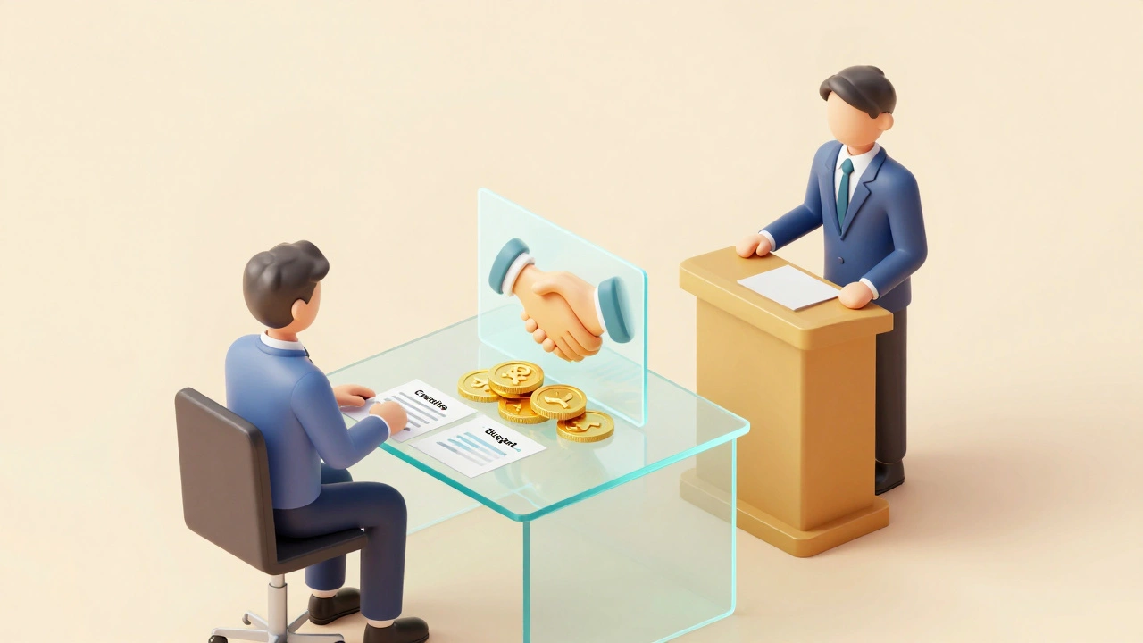 3D illustration of advertiser and channel admin negotiating fees with golden coins.