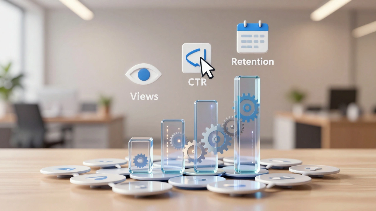 3D render of analytics chart with views, CTR, and retention icons