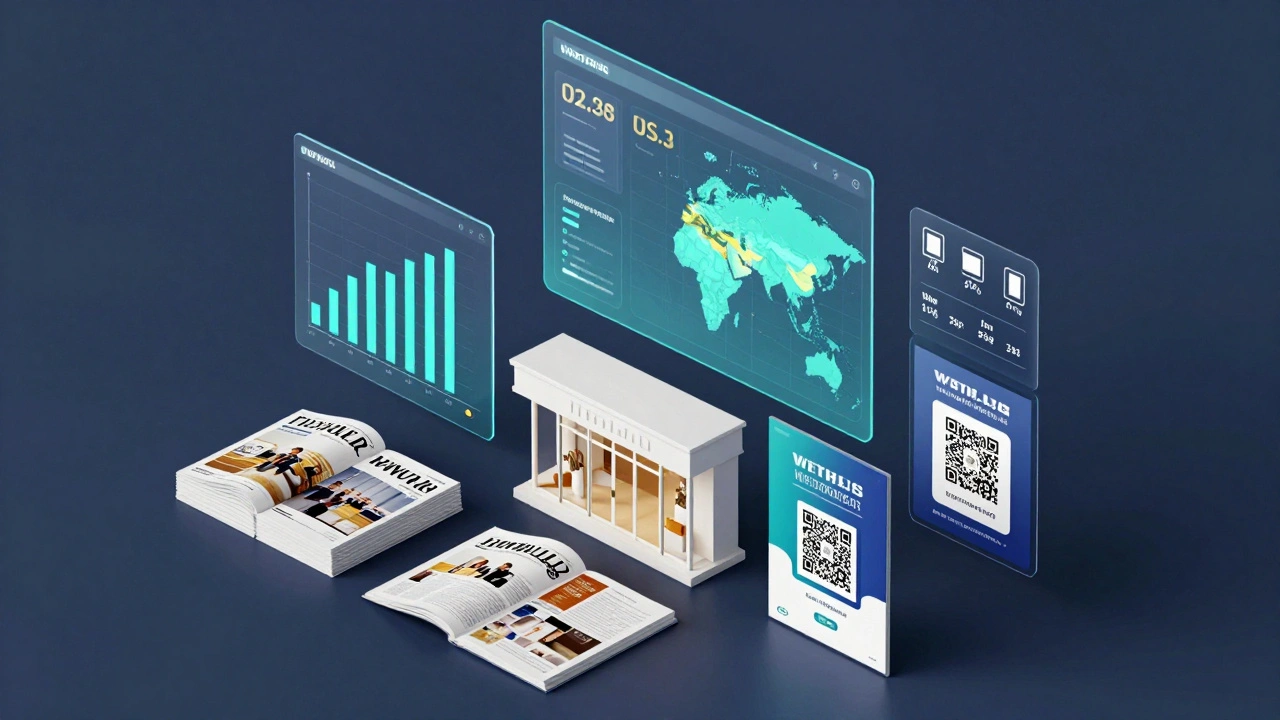 3D render of physical ads with floating analytics data
