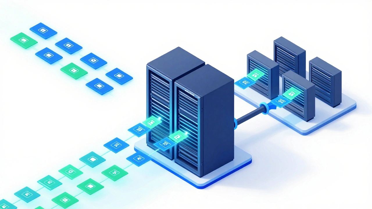 3D visualization of a message queue system throttling data flow for reliable delivery