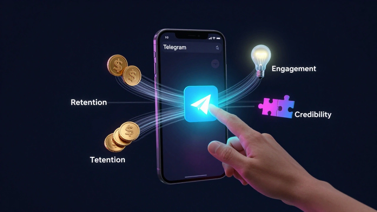 Abstract 3D visualization of behavioral metrics like retention and engagement emerging from a phone.