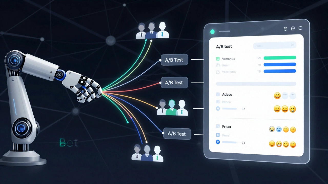 Abstract diagram of bot-driven A/B testing and privacy-safe metrics