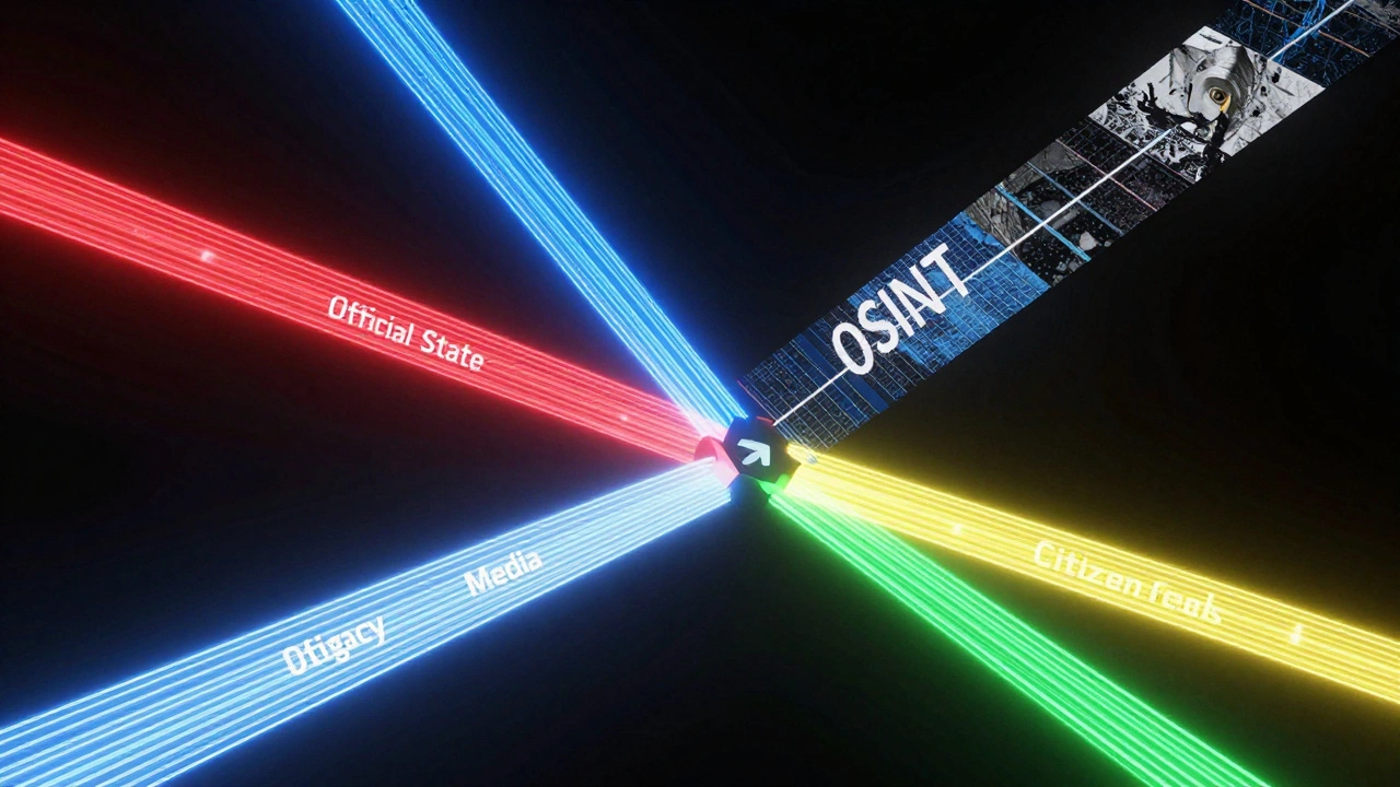 Abstract digital art showing four types of news channels merging