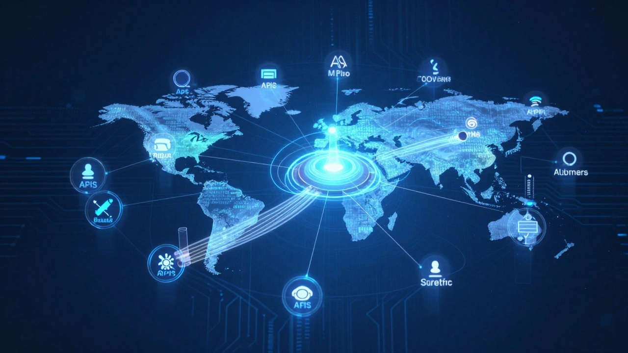 Abstract digital network connecting regions via automated news APIs