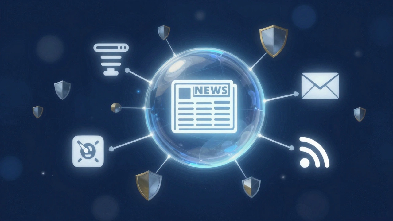 Abstract graphic of news content radiating to multiple backup platforms with security shields.