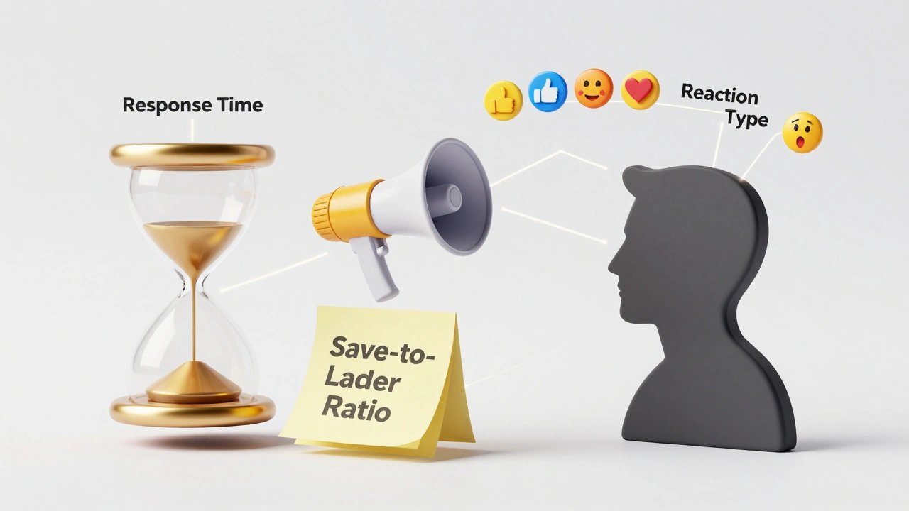Abstract icons representing user behavior metrics like saves, shares, and reactions