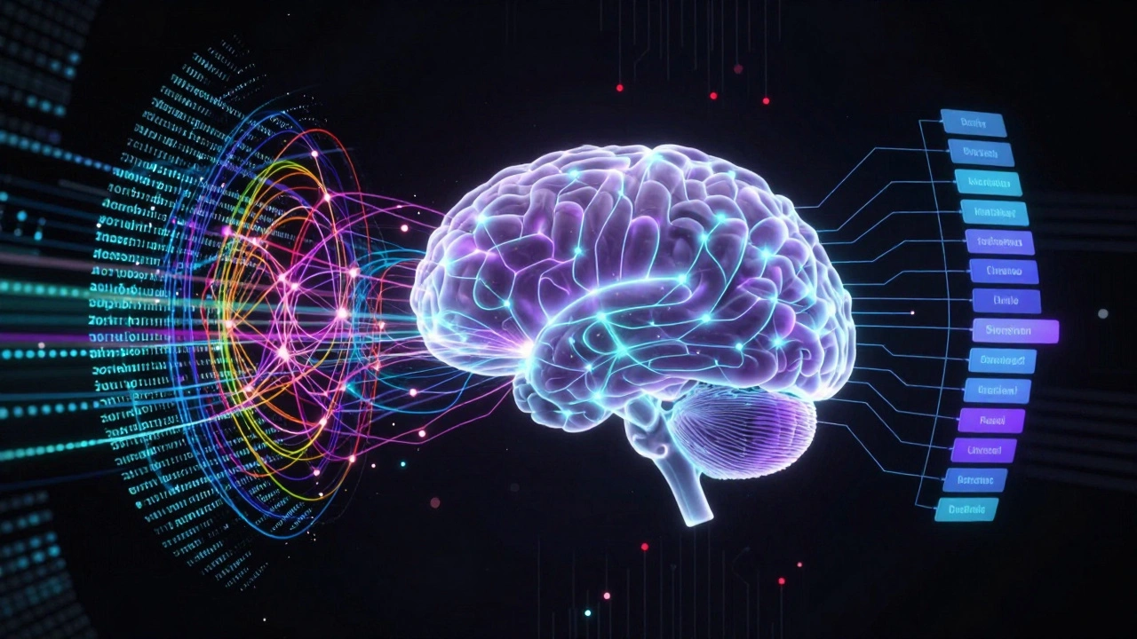 Abstract neural network visualizing NLP text processing and tagging