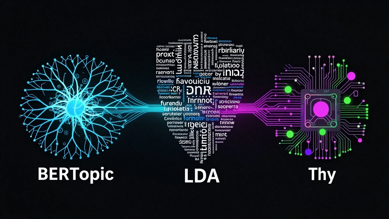 Abstract visualization comparing BERTopic, LDA, and Hybrid AI topic selection methods.