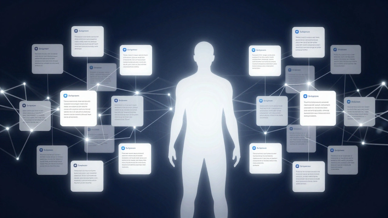 Abstract visualization of a digital second brain with interconnected knowledge cards.