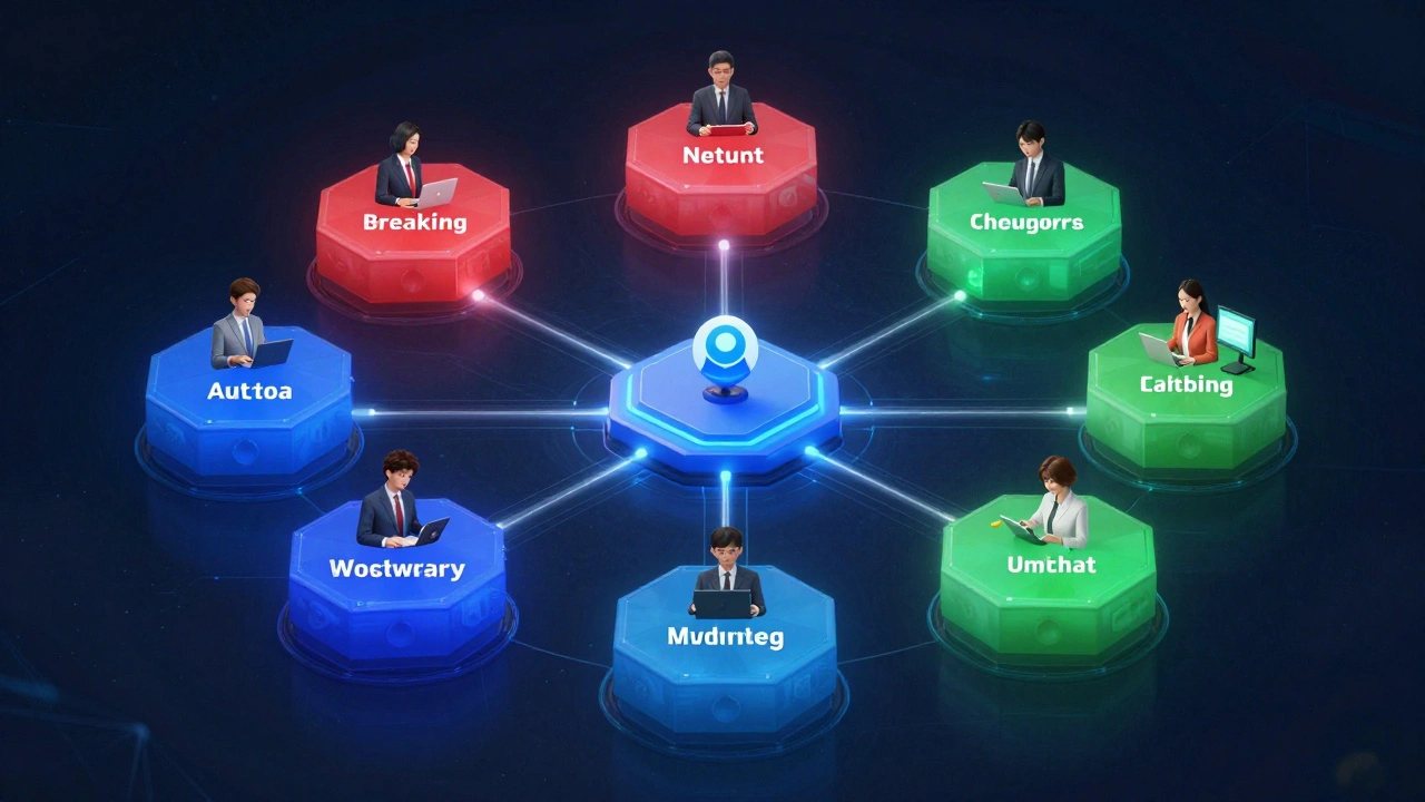 Abstract visualization of admins managing separate topic clusters in a community.