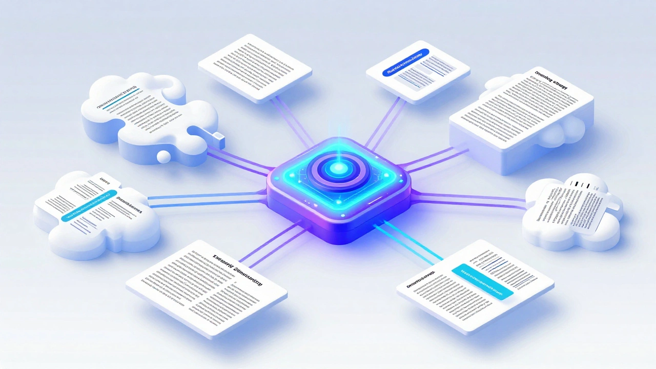 Abstract visualization of AI condensing large data streams into structured summaries.