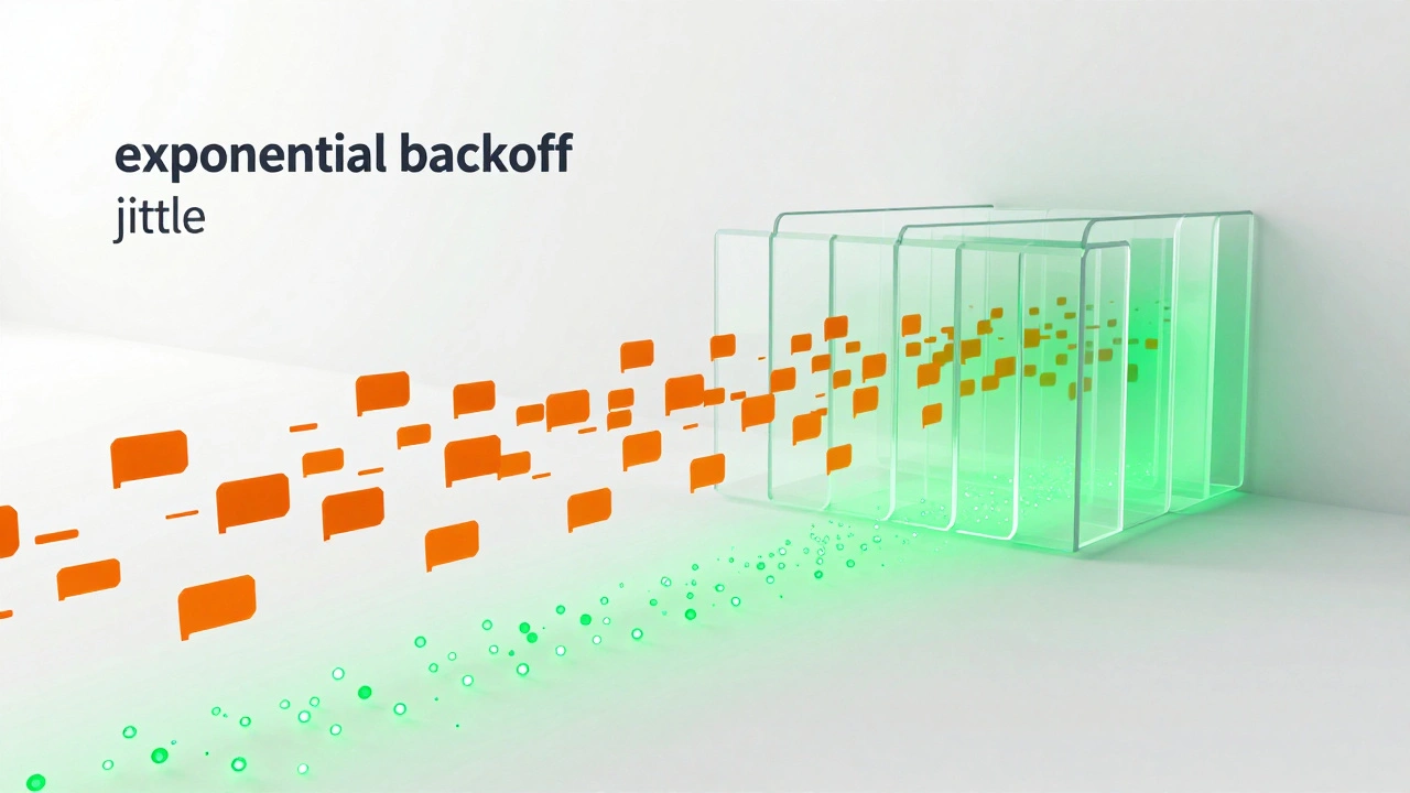 Abstract visualization of data packets being smoothed by jitter and backoff algorithms.