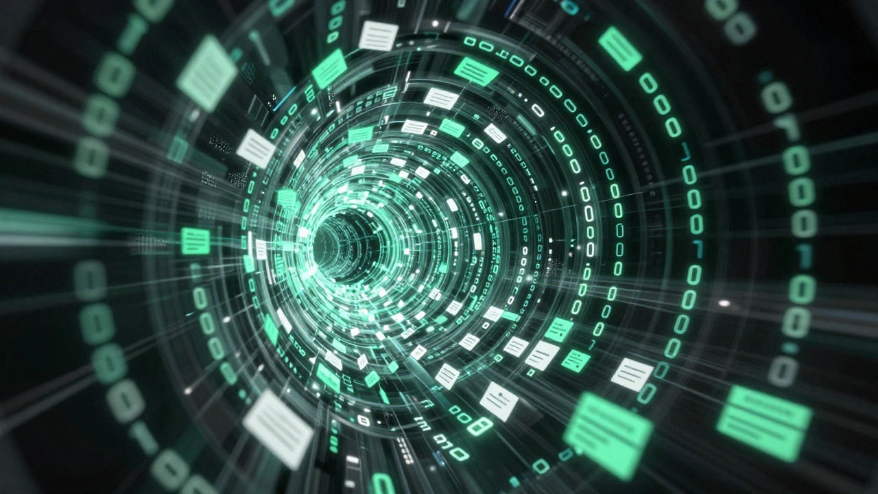 Abstract visualization of efficient binary data packets flowing through a digital tunnel