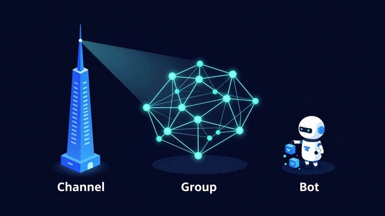 Abstract visualization of Telegram channels, groups, and bots