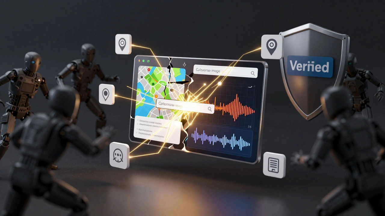 Abstract visualization of verifying media using geolocation and metadata tools.