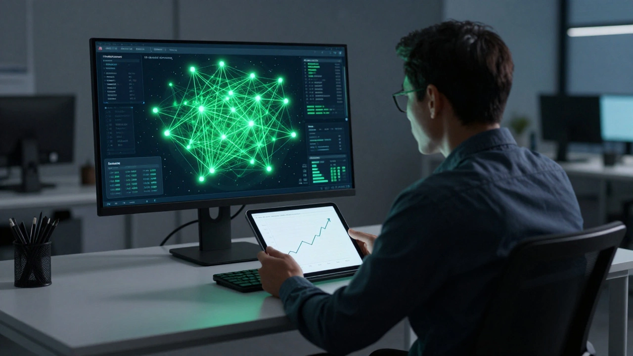 Analyst reviewing a network graph and growth charts on a computer monitor in an office.