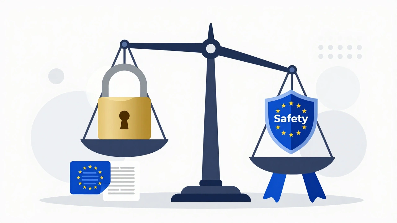 Balance scale showing privacy vs safety under EU regulations