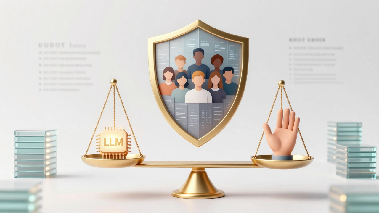 Balanced scale of AI chip and human hand with data security shield