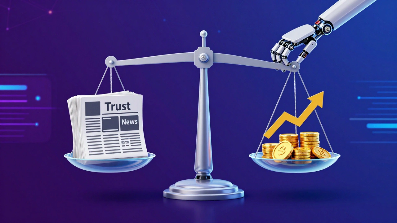 Balanced scale weighing trust versus revenue in digital publishing strategy