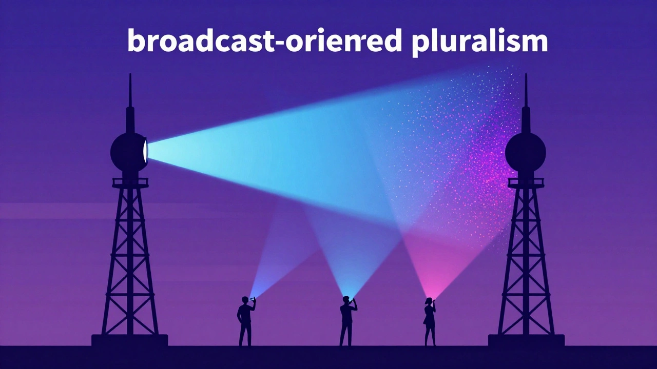 Broadcast towers emitting different light patterns representing diverse narratives